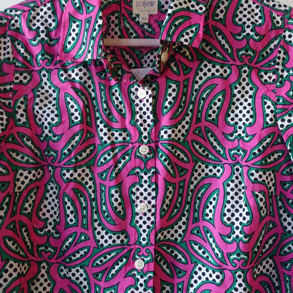 J. Crew Factory pink green swirl polka dot shirt XS 0 2 - Picture 4 of 11